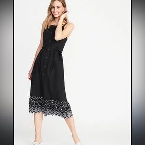 Old Navy Dress Womens Size XS Black Button Front Square Neck Midi Embroidered